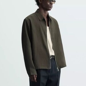 Zara men’s 100% linen over shirt zip up in dark khaki sz Large